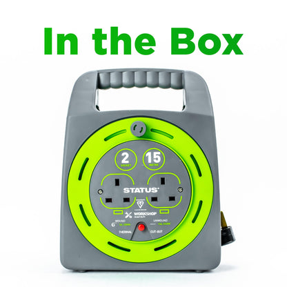 STATUS 2 Socket Cable Reel | 15m Green Extension Lead | 13A with Thermal Cut Out | Heavy Duty Outdoor Extension Lead | S15M2SHBCR1PK2
