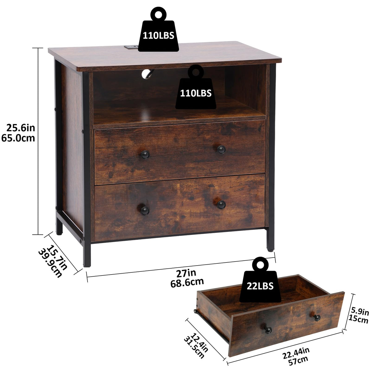 Tykacna 27 Inch Wide Night Stand, Large Wood Night Stand with 2 Drawers, LED Nightstand with Charging Station and Adjustable Drawer, Bedside Table for Living Room/Bedroom/Study/Office, Retro.