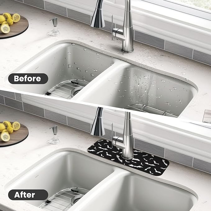 Halloween Cool Black Bat Kitchen Sink Splash Guard Faucet Mat Super Absorbent
