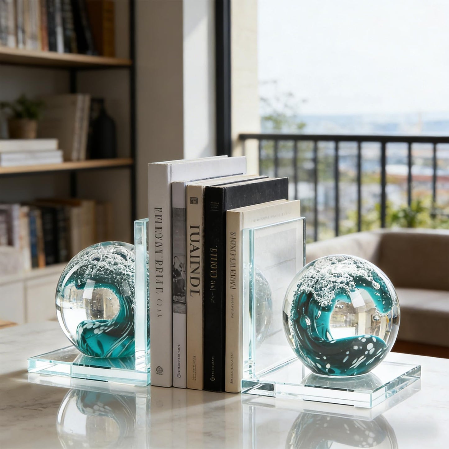 Decorative Bookends for Shelves, Hand Blown Ocean Crystal Ball Unique Bookends for Heavy Books, Office Desk Decor, Ideal for Ocean Lovers (Dark Green)