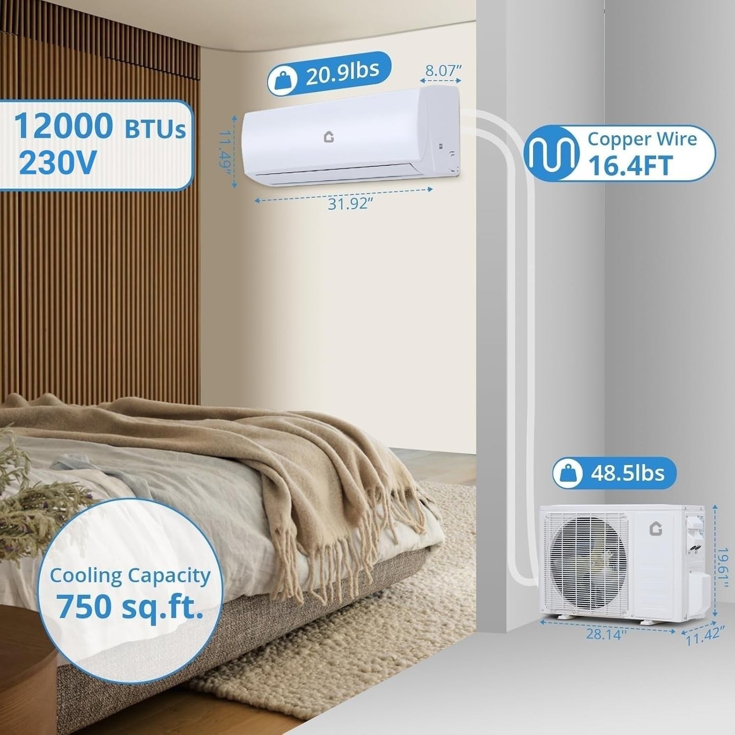 Garvee Mini Split AC/Heating System, 19 SEER2 WIFI Enabled Energy Efficient Mini Split, Dual-mode Cooling & Heating AC (12000BTU -208/230V -21 SEER2 -WIFI)