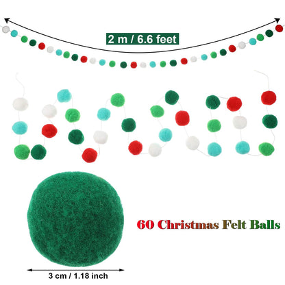 2 Pieces Christmas Felt Ball Garland Pom Pom Garlands Ball Banner for Christmas Party Festivals Decoration (Red, Dark Green, Light Green, White)