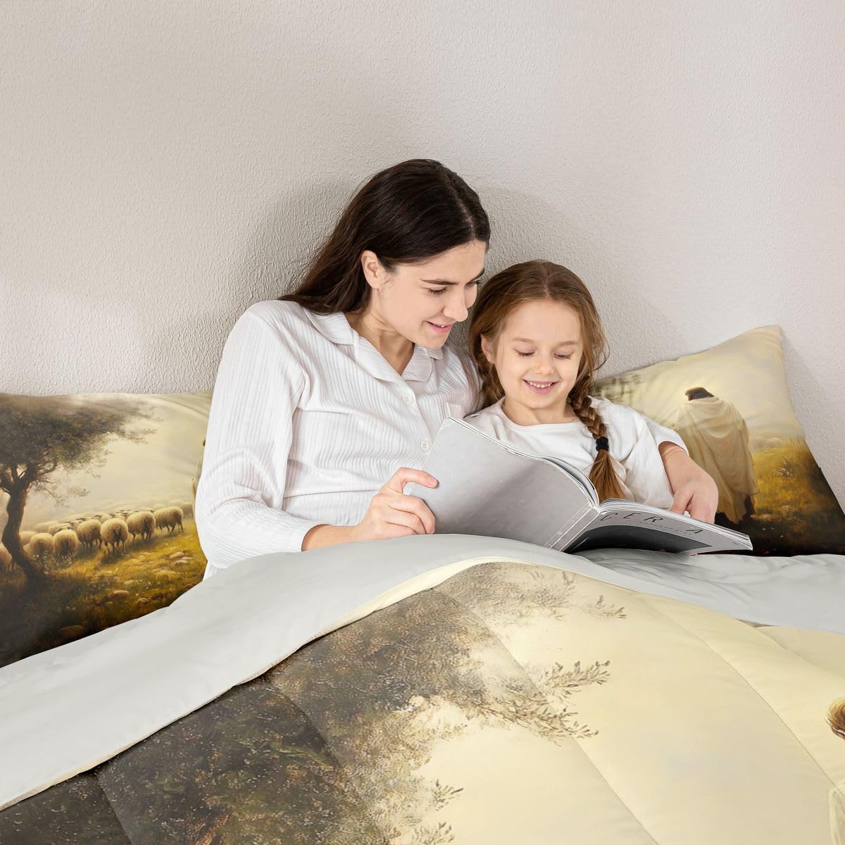 Manfei God and Lamb Girls Bedding Set Twin Size,Spiritual Western Belief Comforter Set,Modern Artwork Bible Verse Quilt Comforter Girls Boys Teens,Yellow Beige Room Decor All Season,1 Pillowcase