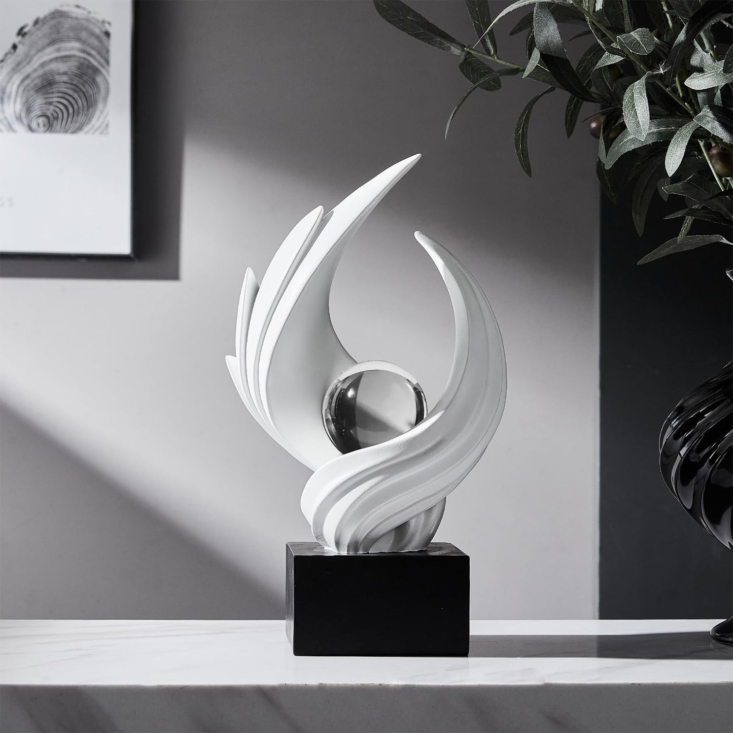 Modern Art Statue Decor, Abstract Swirl-Shaped Sculpture with Glass Ball Resin Art Figurines Centerpiece Sculptures for Home Decor Living Room Stand Coffee Table Office Bookshelf Decoration (white)
