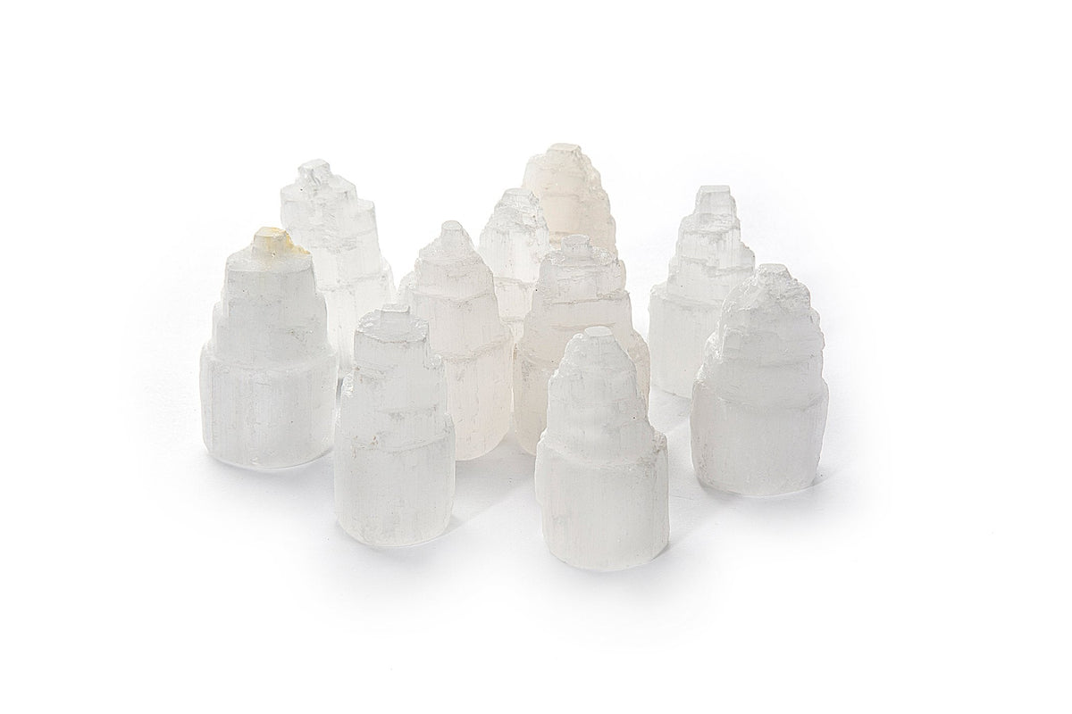 JIC Gem Set of 10 White Selenite Sky Tower Skyscraper Reiki Chakra Stone Crystal Healing Energy Tower 6-7cm Tall