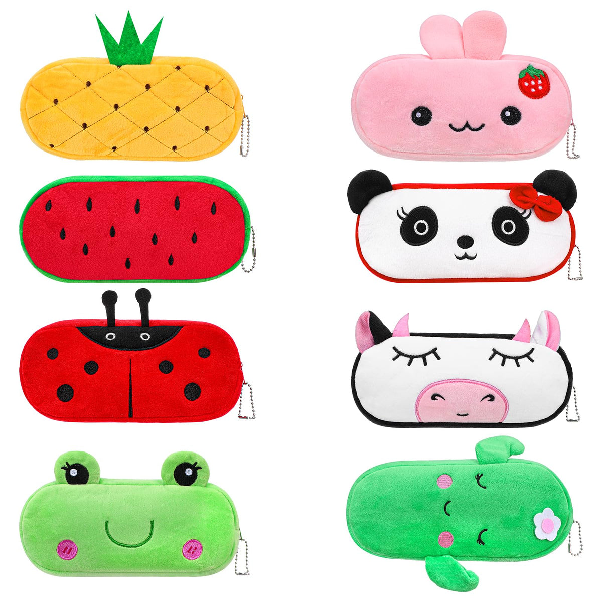JOUTYFOR 8 Pcs Cartoon Pencil Pouch Bulk Cute Zipper Pencil Cases Animal and Fruit Pencil Boxes Plush Pencil Bag Japanses Kawaii Stationery Bag for Kids Boys Girls Students Classroom