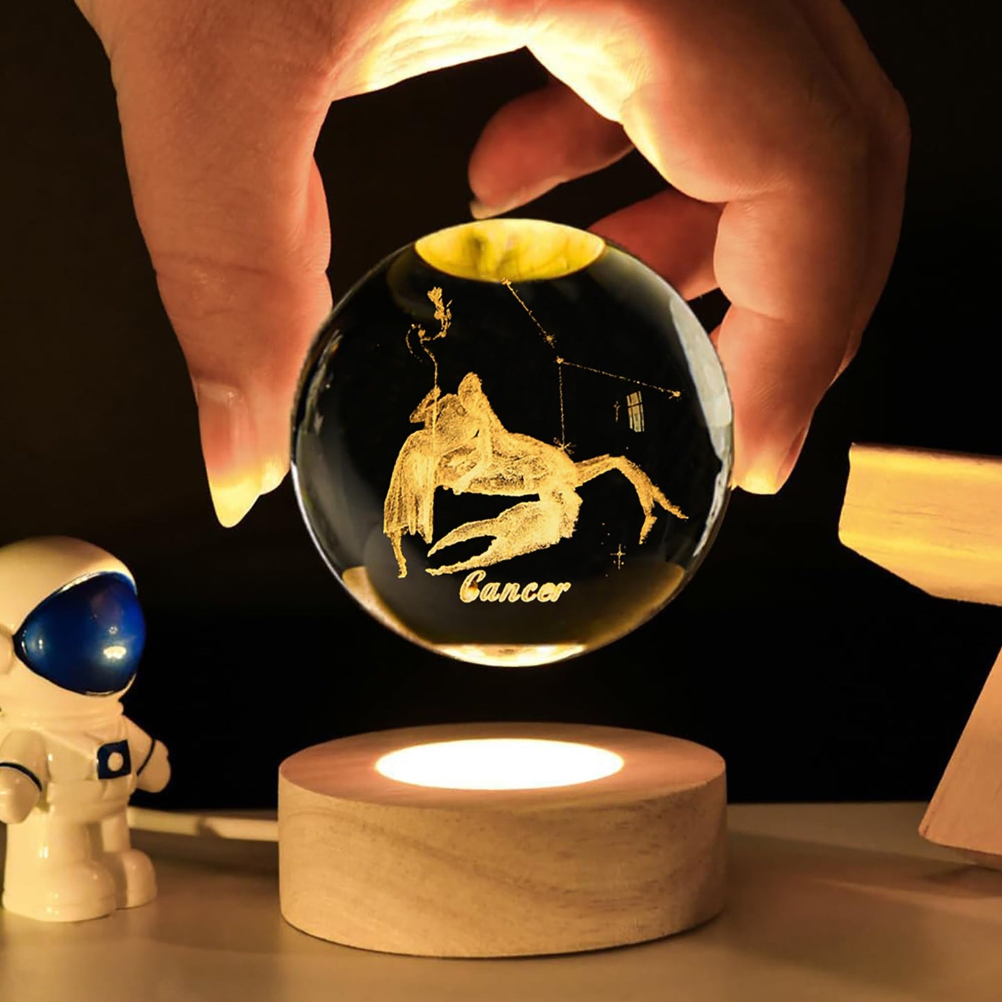 QIANCHANG 3D Etched Crystal Ball with LED Light Stand, Twelve Zodiac Cancer Constellation Decor Glass Sphere Lamp, Astrology Birthday Gifts for Women Kids