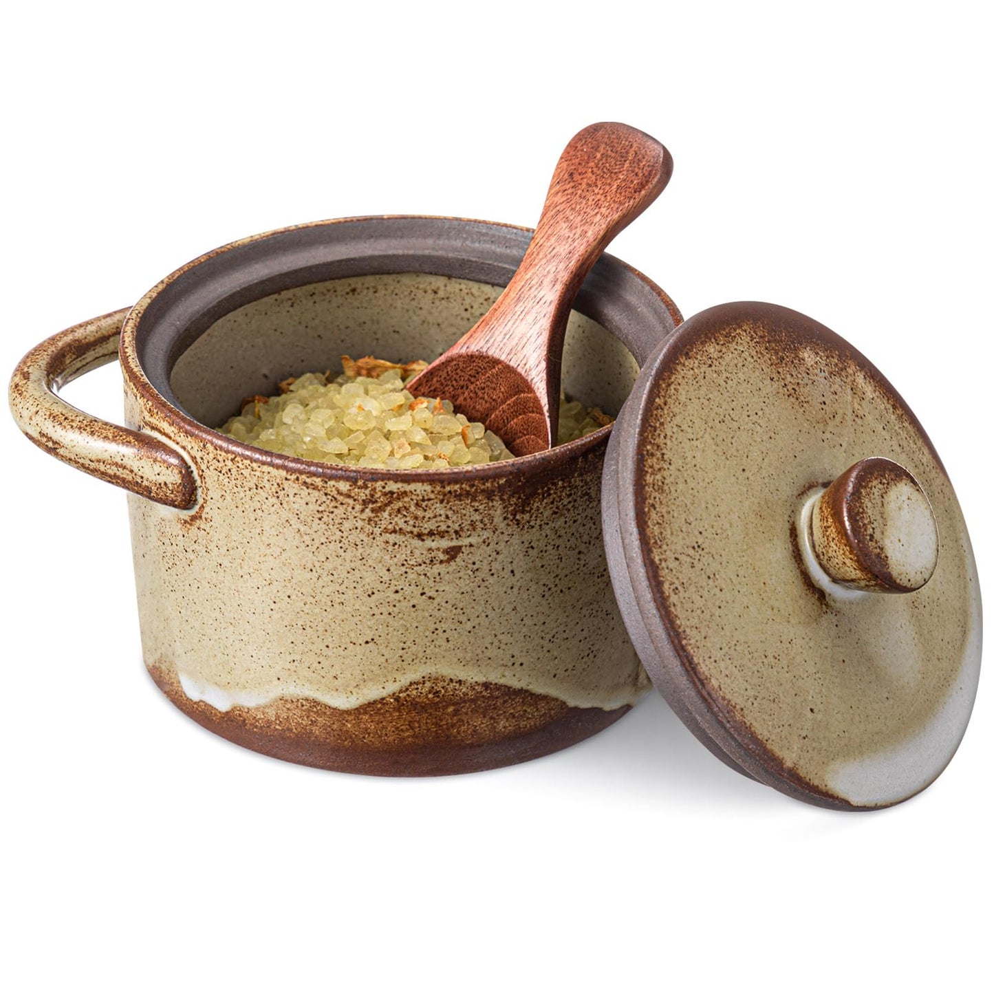 Honeydak Speckled Ceramic Salt Cellar with Lid and Wooden Spoon, Rustic Farmhouse Salt Pepper Cellar Holder for Mothers Day, Housewarming Gift, Heavyweight Spices Jar(Retro Color,1 Set)
