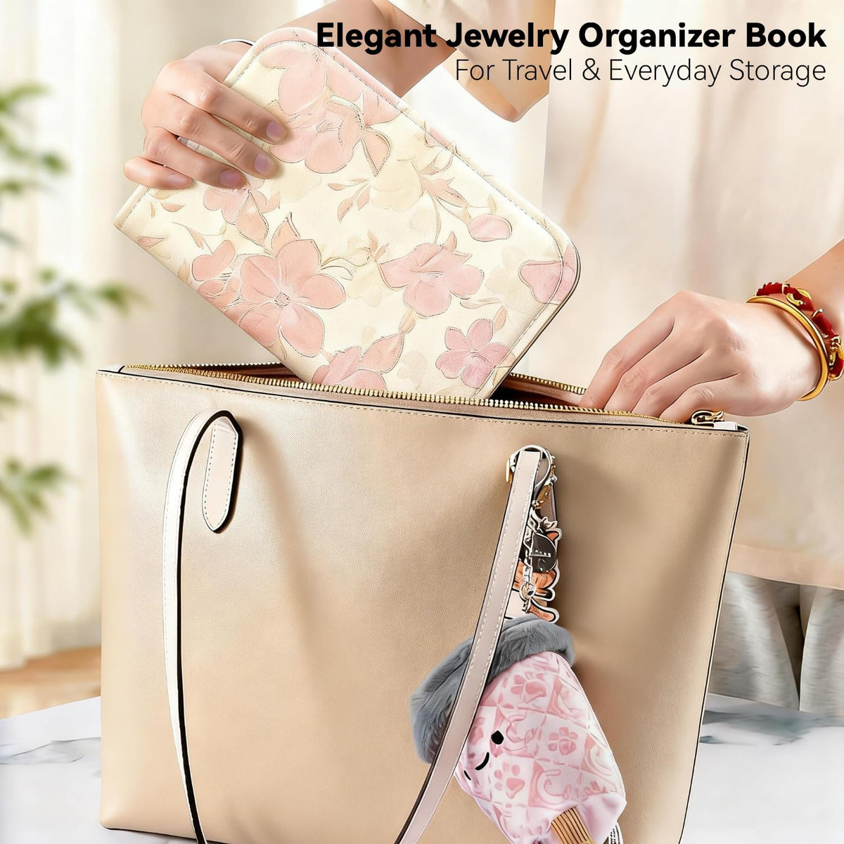 Travel Jewelry Organizer Booklet with 5 PCS Pages & 12 Zippered Pocket, Portable Jewelry Storage Pouch with PVC Windows – Mini Jewelry Travel Case for Necklaces, Rings & Earrings (Pink Floral)