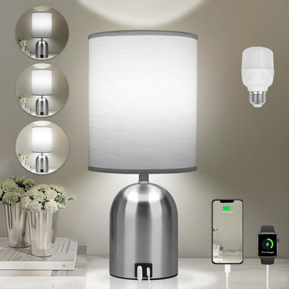 Fttoyoly Bedside Table Lamp for Bedroom, 3 Way Dimmable Touch Small Desk Lamp for Office with USB Charging Port Lamps for Living Room, Bedroom, Reading Room, Office, Grey/Sliver, Silver