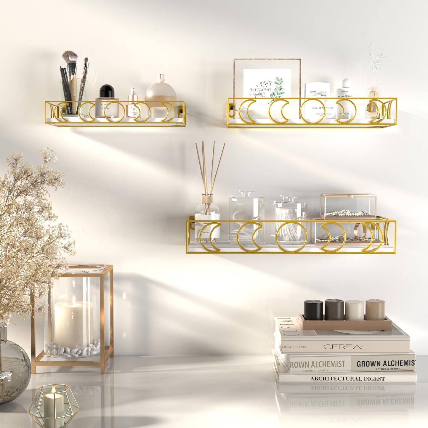 PHAREGE Moon Phase Floating Shelves White Gold, Set of 3 Small Decorative Wall Shelves for Book Plant Storage, Crystal Figurine Collectibles Display Shelf for Bedroom Kid Room