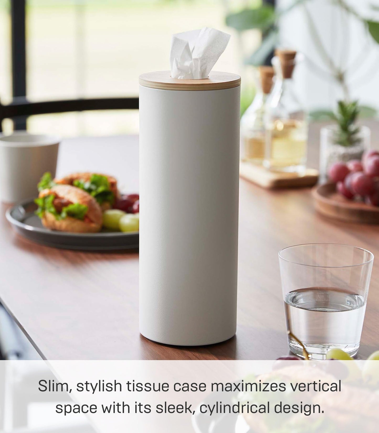Yamazaki Home Rin Reusable Round Tissue Holder Case, Metal Tissue Container with Wooden Lid - Large - Steel + Wood