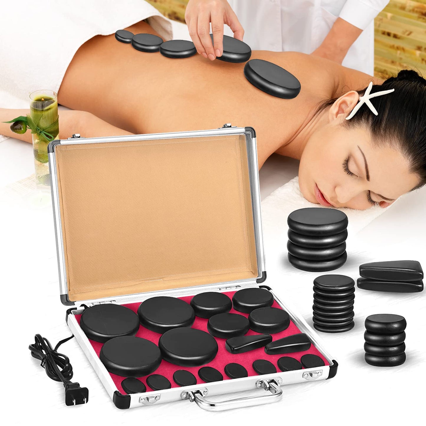 Yunsailing 18 Pcs Hot Stones Massage Set with Electric Heater Box 110v Basalt Massage Rock Kit for Professional Home Spa Warming Relaxing Relief, Constant 50°c (122°f)(Temperature Constant)