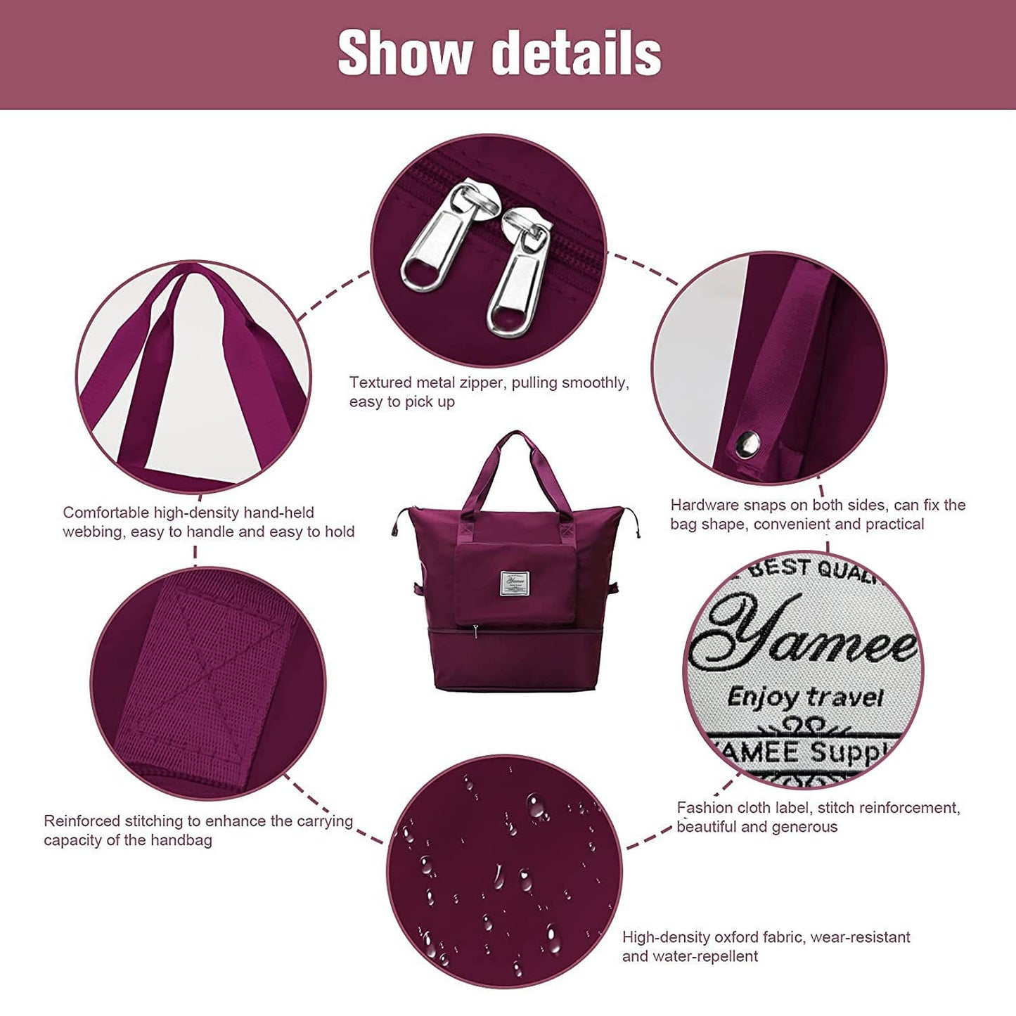 Large Capacity Folding Travel Bag - Lightweight Waterproof Carry On Luggage with Fixed Strap, Dry & Wet Separation - Foldable Travel Duffel for Sports & Gym (Wine Red)