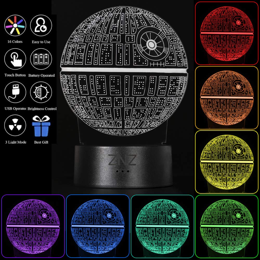 3D Star Wars Lamp, ZNZ LED Optical Illusion Night Light, 16 Colors Changing Remote Touch Mood Lamp - Perfect Christmas and Birthday Gifts for Kids Men Women and Star Wars Fans