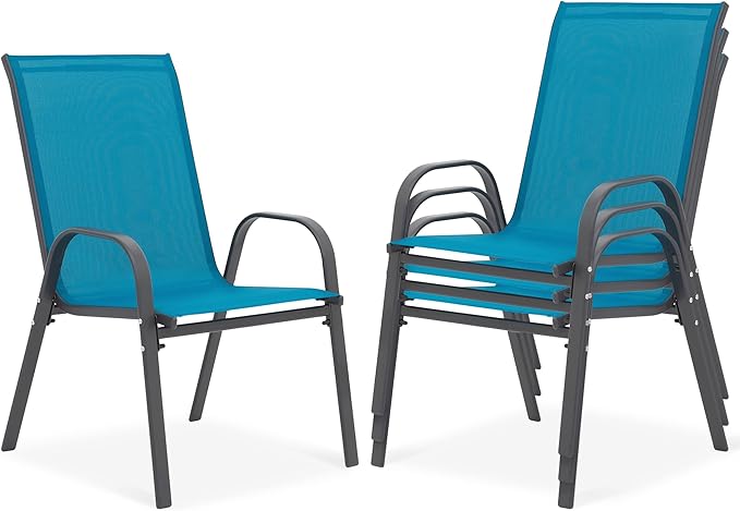 Outdoor Stackable Chairs Set of 4, Stacking Patio Chairs with Textilene Fabric, Outside Furniture for Garden Backyard Balconie Poolside Deck, Blue