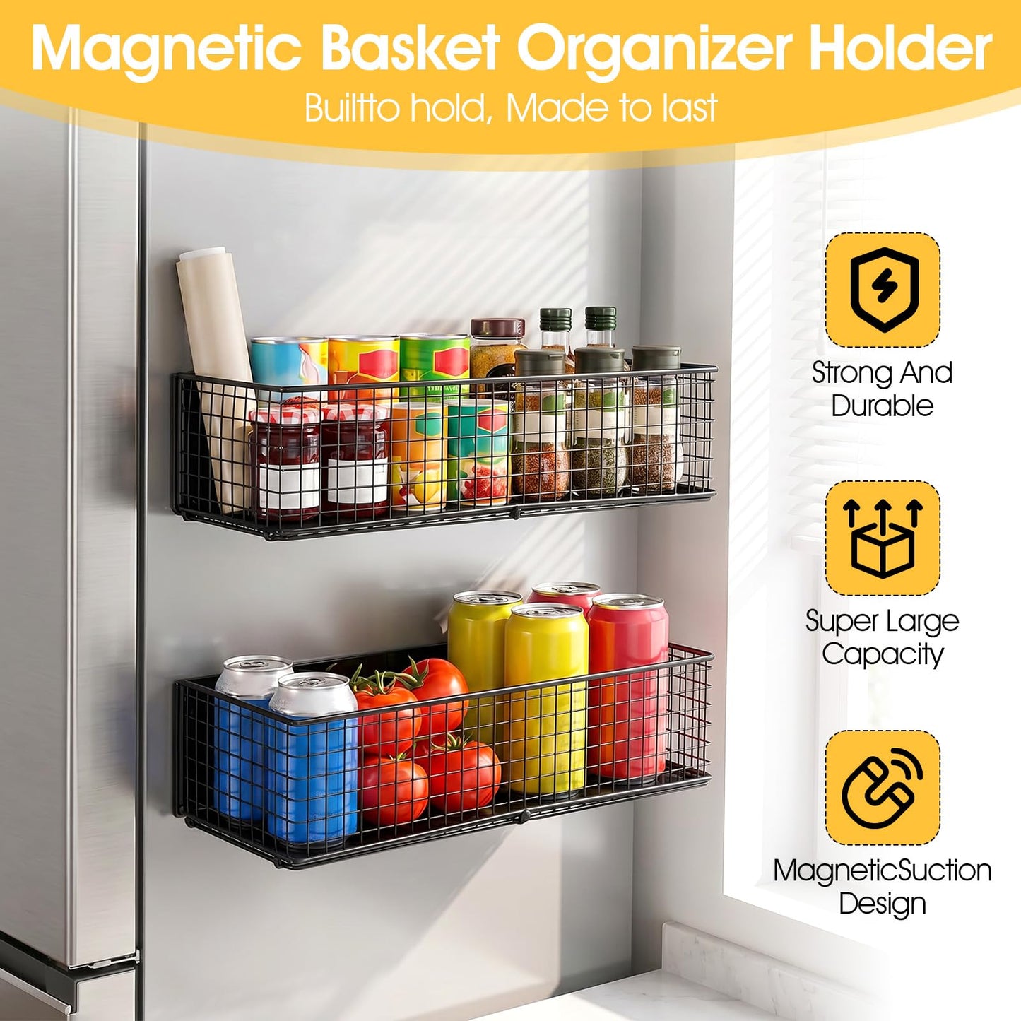 kuyeyzu 2 Pack Magnetic Basket Organizer Holder for Fridge Magnetic Shelf Spice Rack for Whiteboard, Garage, Kitchen, Workshop Black