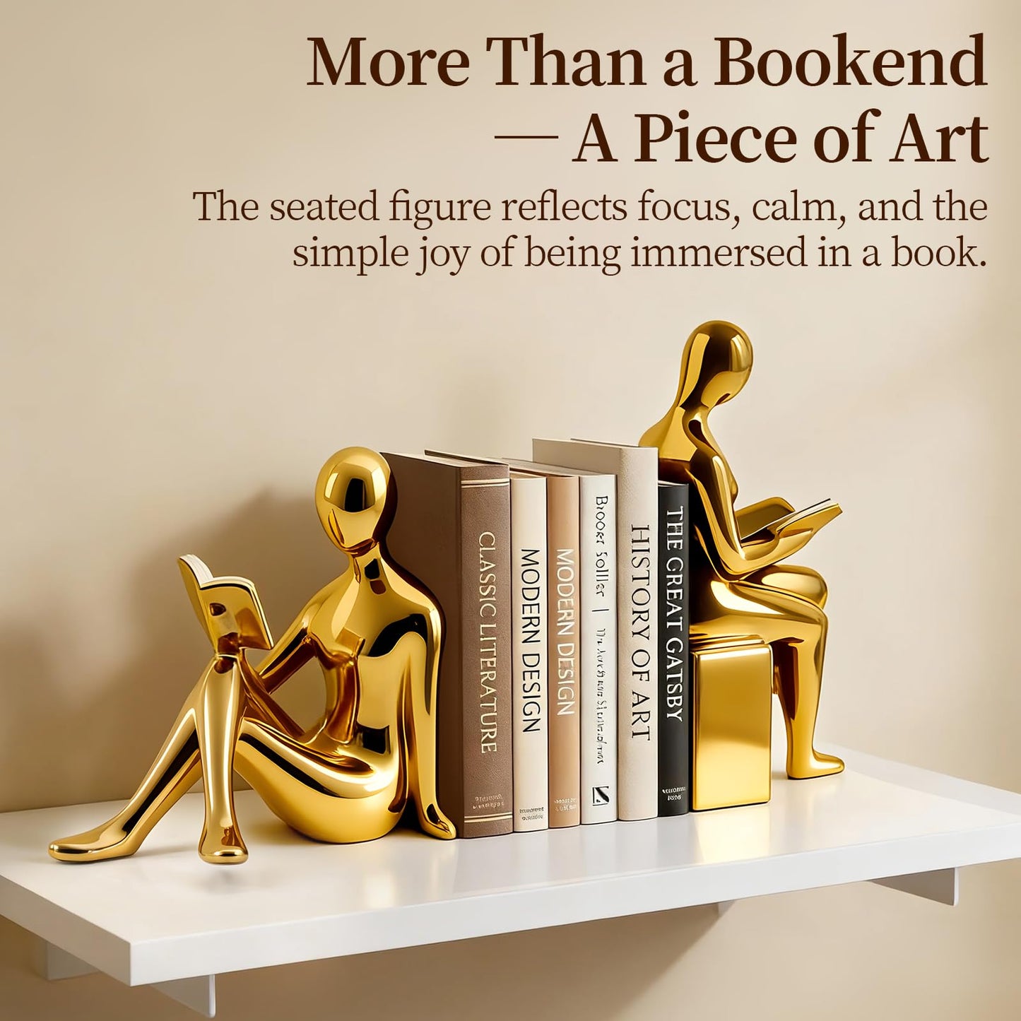 Decorative Bookends Set, Ceramic Book Ends for Shelves, Home Office Aesthetic Book Stopper, Reading Book Holder Statues for Bookshelf Bedroom Living Room Decor (Gold)