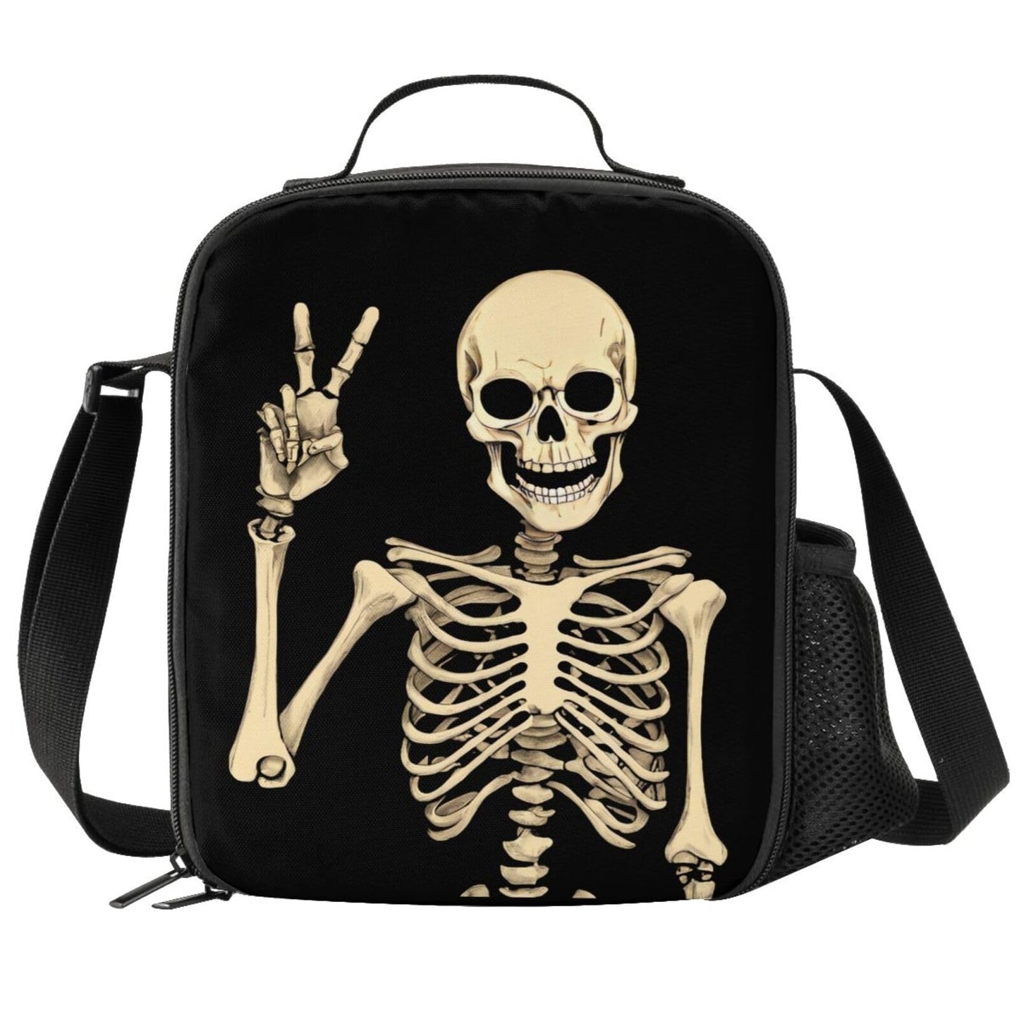 PrelerDIY Funny Skull Lunch Bag Tote Lunch Box Food Bag for Boys Girls with Zipper & Side Pocket & Shoulder Strap