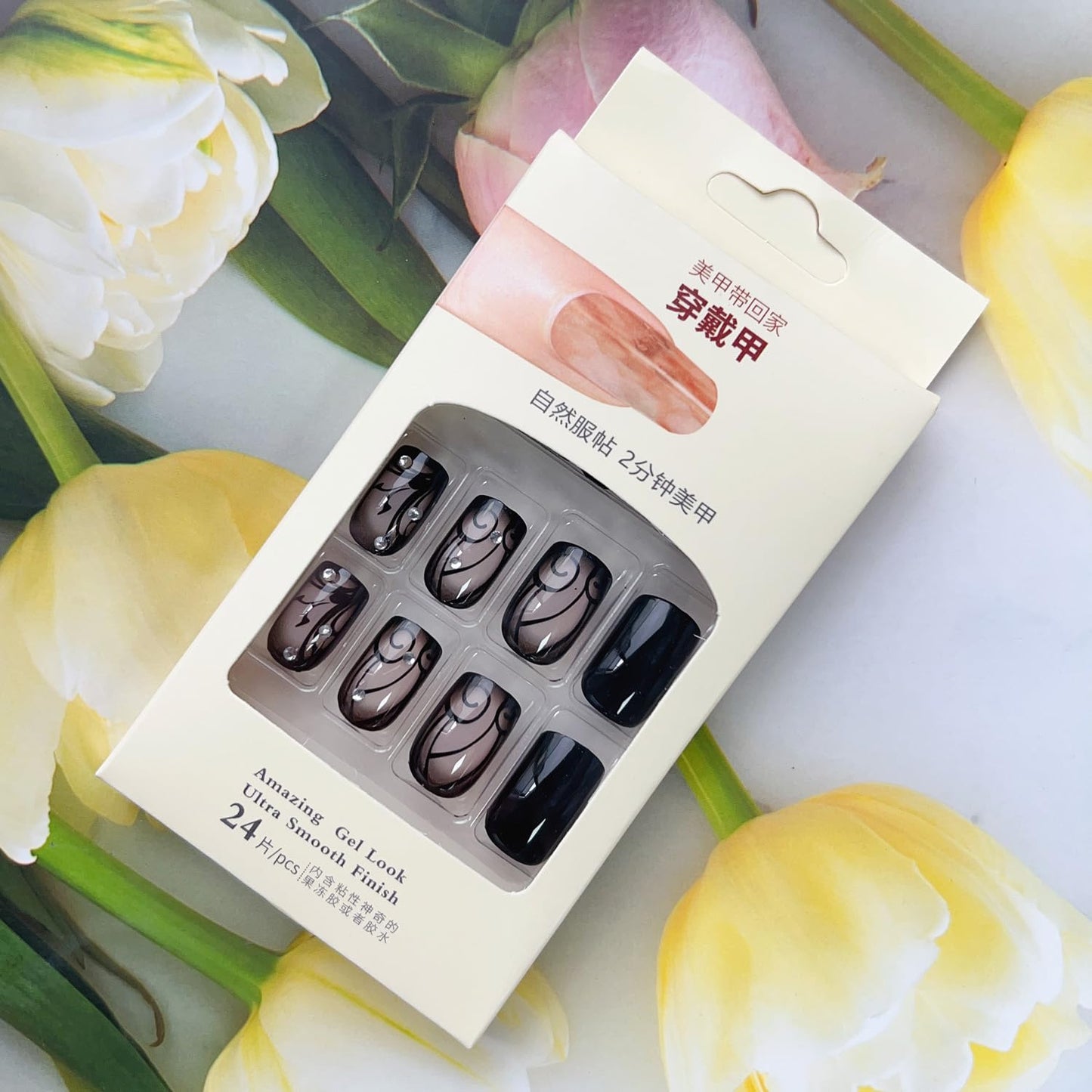 OHWODA Black Press on Nails Short Square Fake Nails Black Vine Acrylic Glue on Nails Full Cover Glossy Nails Press ons Short Stick on Nails Summer Artificial Nails for Women Girls - 24Pcs