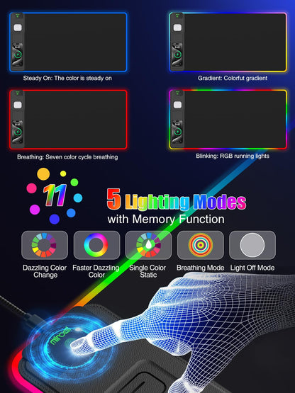 Mouse Pad with Foldable Phone Holder & Wireless Charger, XXL RGB Gaming Mousepad 31.5"x15.8" Large Desk Mat for Keyboard, Black Desk Pad with Dual Qi Charging Station | 11 Colors 5 Modes | Waterproof