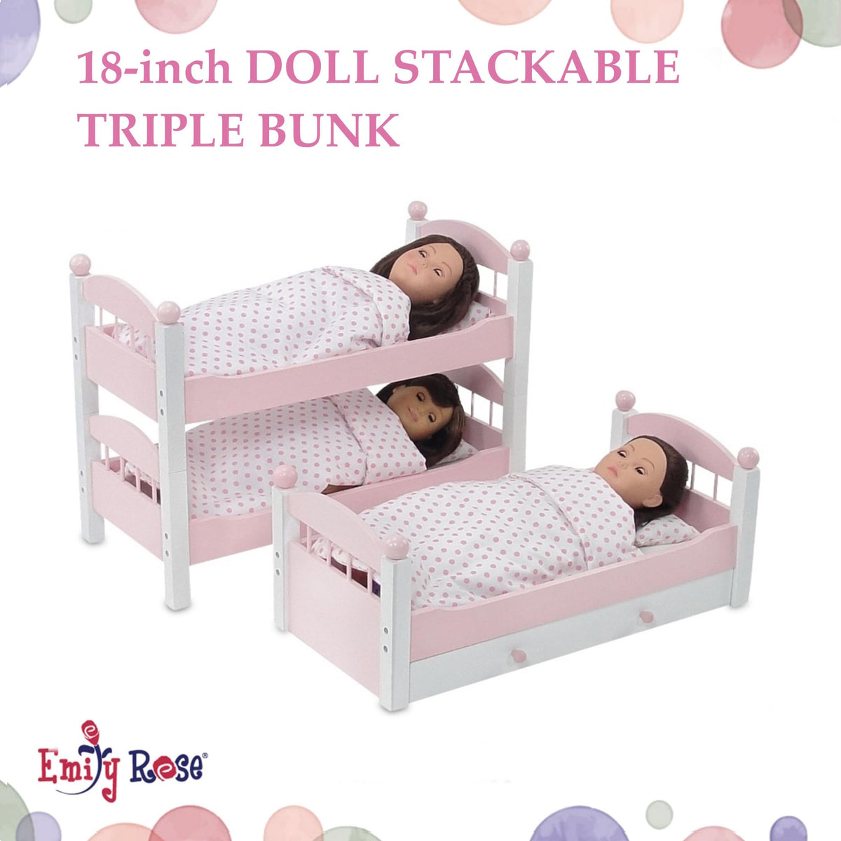 Emily Rose 18" Doll Triple Bunk Bed Set - 3 Stackable Beds with Bedding (Pillow, Mattress Blanket) & Storage Drawer | American Girl Compatible | Ages 5+
