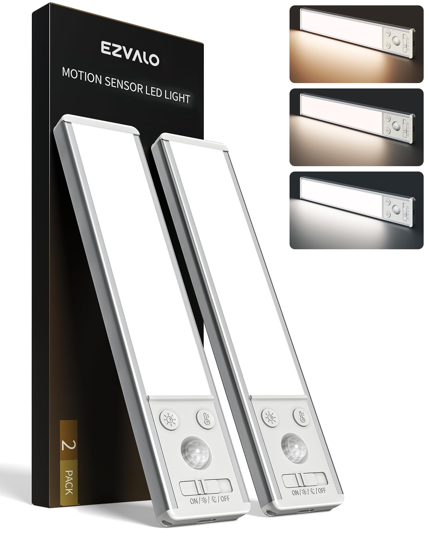 EZVALO 8" Under Cabinet Lighting, 2400mAh Rechargeable Motion Sensor Light Indoor, Mini & Slim Design, 3 Color Temps, Dimmable Magnetic Wireless Closet Lights for Kitchen, Pantry, Stairs (2 Pack)
