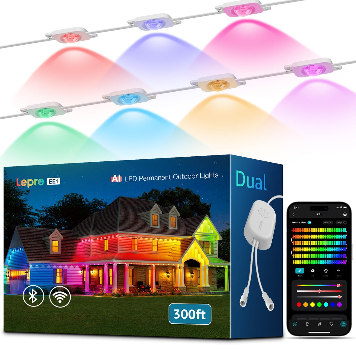Lepro EE1 AI Permanent Outdoor Lights with Dual-Output, 300ft 180 LED RGB+IC Smart Outside Light for House Christmas Decor,Alexa Google Enabled 2.4 GHz WiFi/Bluetooth, APP Control No Remote Controller