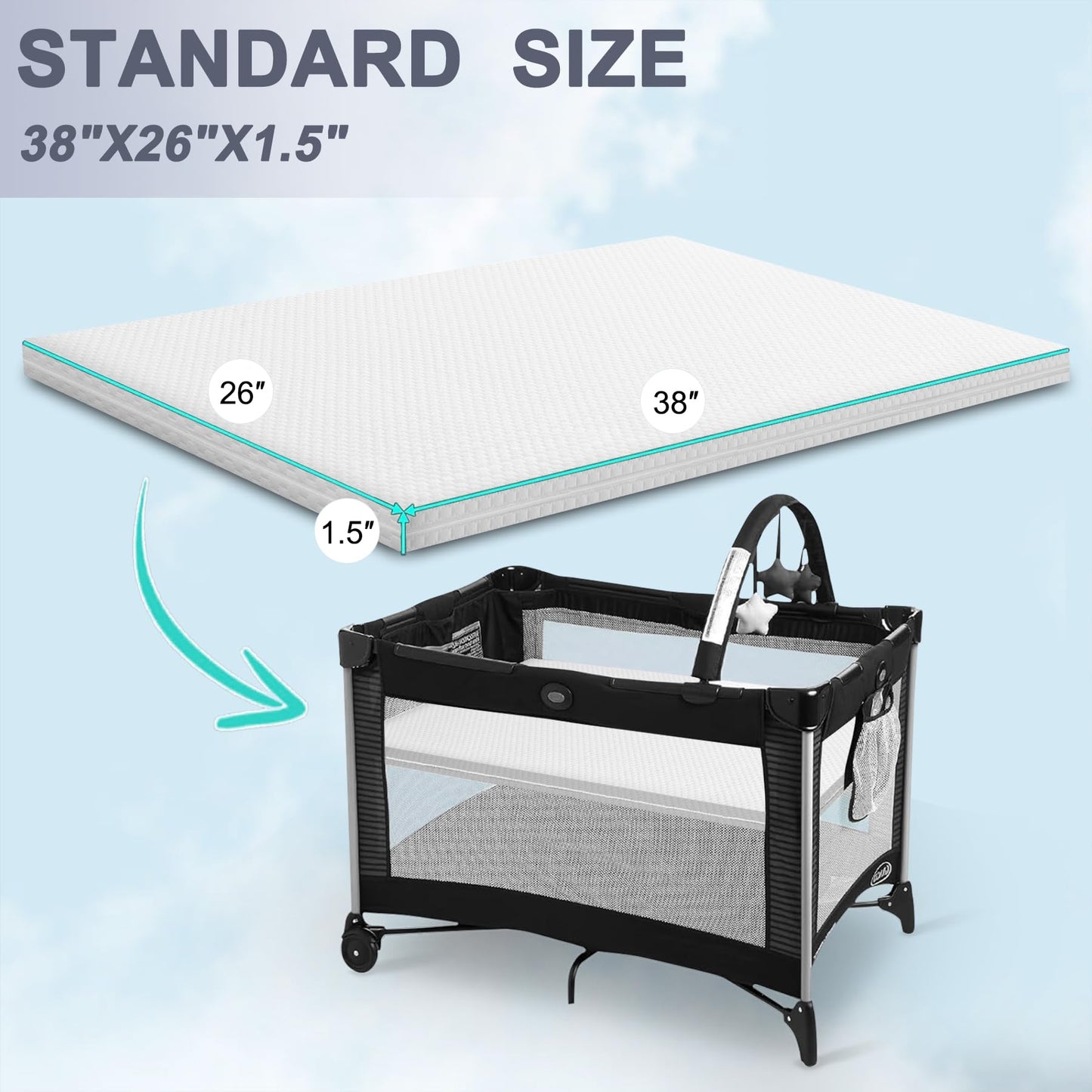 Lisara Pack and Play Mattress, 38 x 26 Pack N Play Mattress for Babies and Toddlers, Dual Sided Gel Memory Foam Waterproof, Removable and Breathable Ice Silk Cover