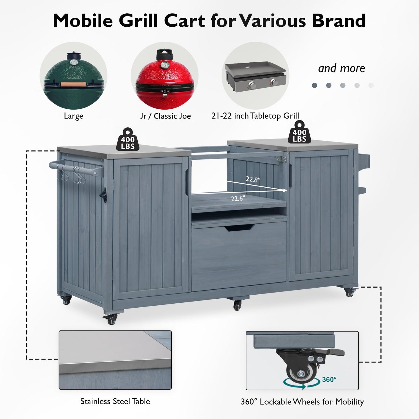 Merax Outdoor Kitchen Island for Big Green Egg, 66.5" Grill Cart with Stainless Steel Top, Storage Cabinet, Wheels, Solid Wood Grill Table, Kamado Joe Compatible