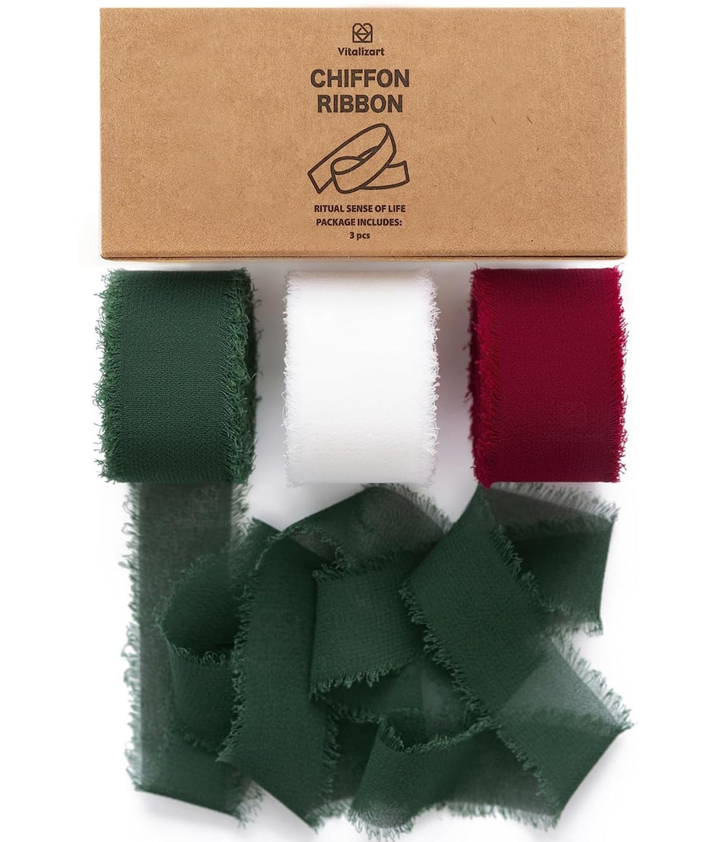 Vitalizart Christmas Ribbon Chiffon Silk Fringes 1" x 21 Yd Fabric Package (3 Rolls * 7 Yd) for Wedding Invitations Bridal Bouquets Decorations Gifts Wrapping & Bow Making Green Red & White