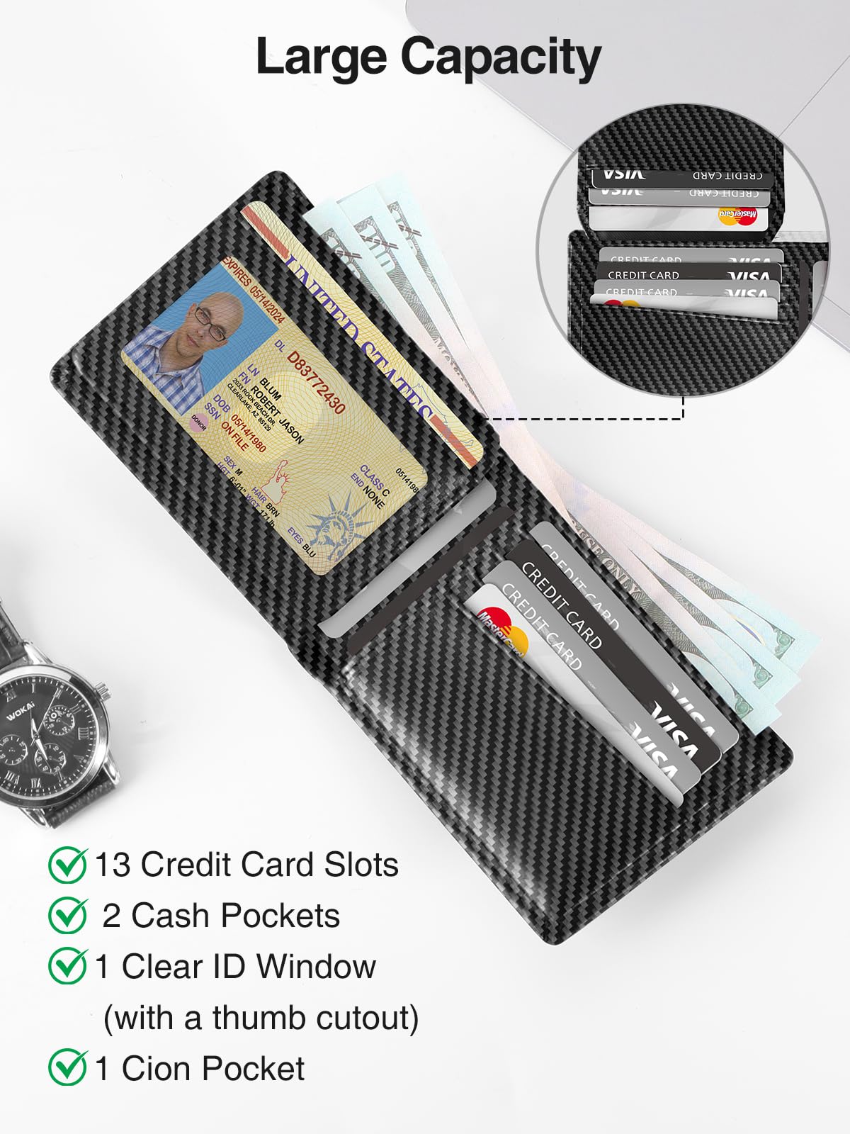 TopMade Mens Wallet with Smart Tracker, Genuine Leather Bifold Wallet Works with Find My, 13 Cards Holder with ID Window, Cash Slot, Coin Pocket, RFID Blocking, GPS Wallet Tracker, Carbon Fiber Black