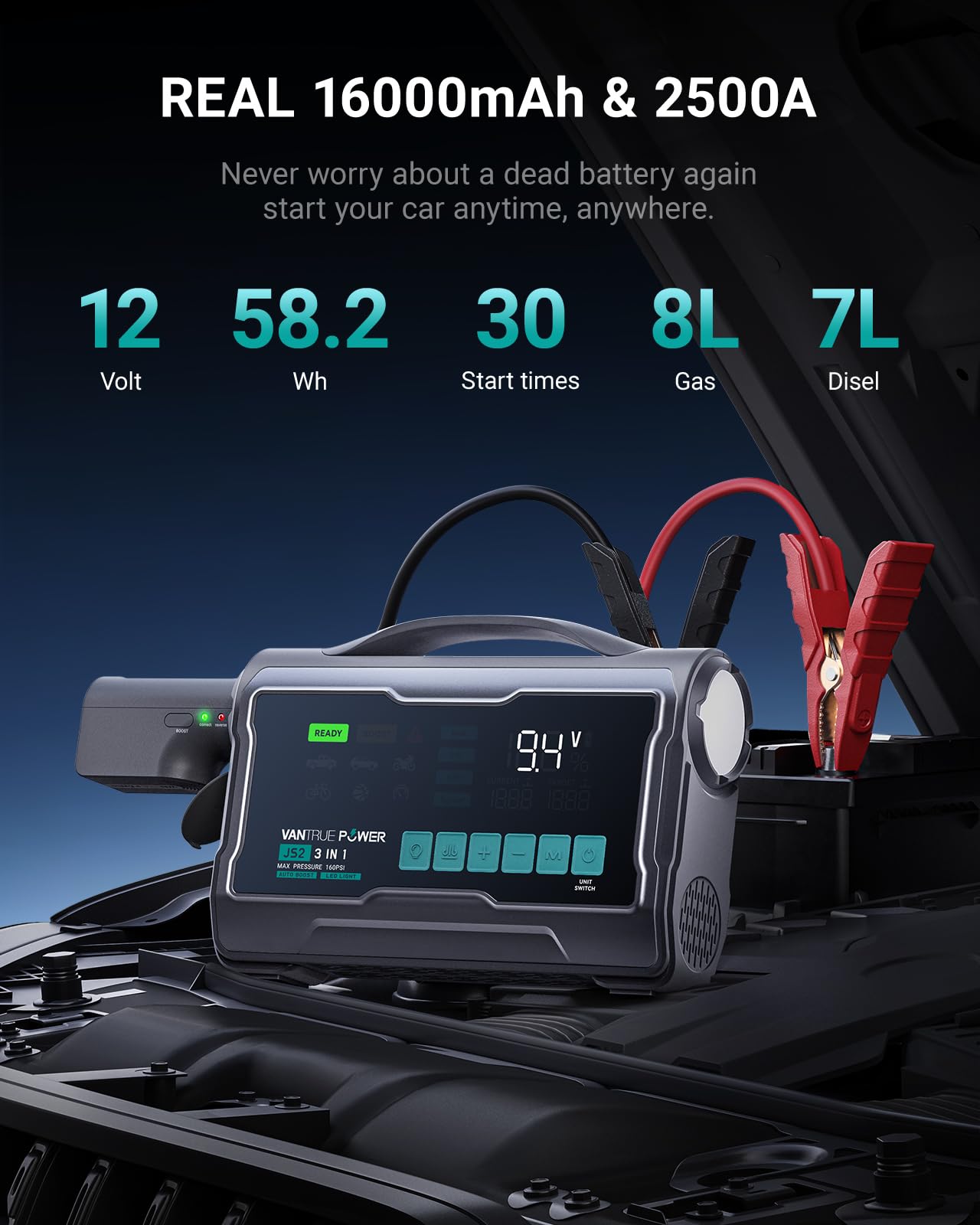 VANTRUE POWER JS2 2500A Jump Starter with 160PSI Air Compressor, 12V Car Battery Booster with Display, Support 65W Charging Power Bank, Nozzles Storage Compartment- for 8L Gas/7L Diesel Engines