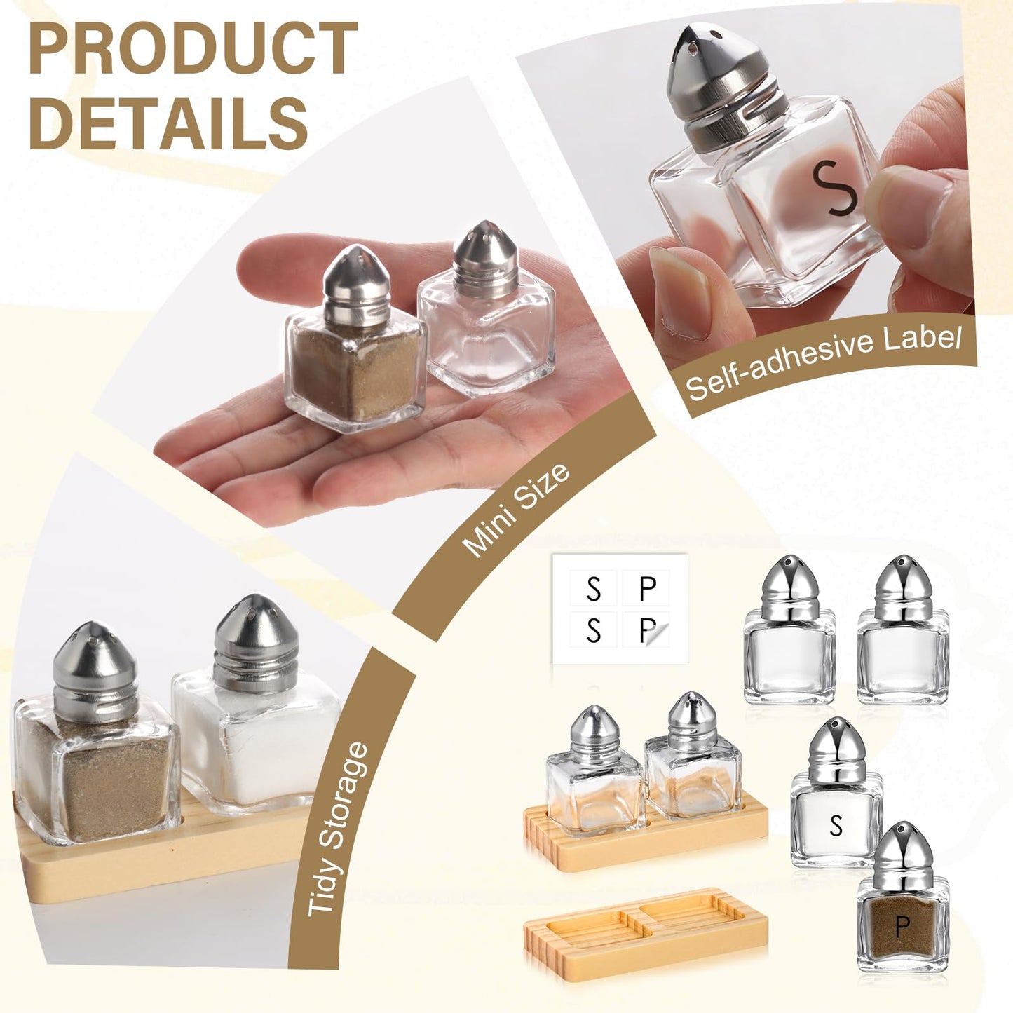 8 Pcs Mini Salt and Pepper Shakers Set with 4 Wood Organizer Sticker 0.5 oz Small Glass Salt and Pepper Shakers Bulk Tiny Individual Salt and Pepper Shakers for Saleros y Pimenteros Para Restaurante