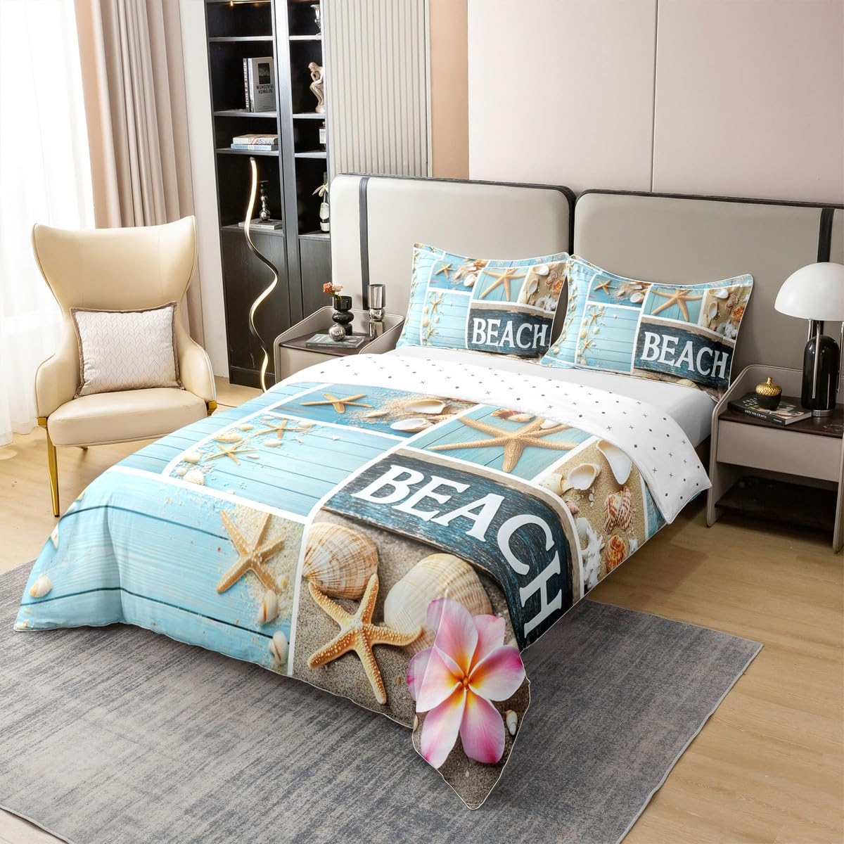 100% Cotton Hawaii Bed Sets Starfish Seashell Duvet Cover Pink Cherry Blossom Bedding Set Twin Coastal Sealife Patchwork Comforter Cover Farmhouse Decor Lodge Cabin Bed Cover with Zipper Closure