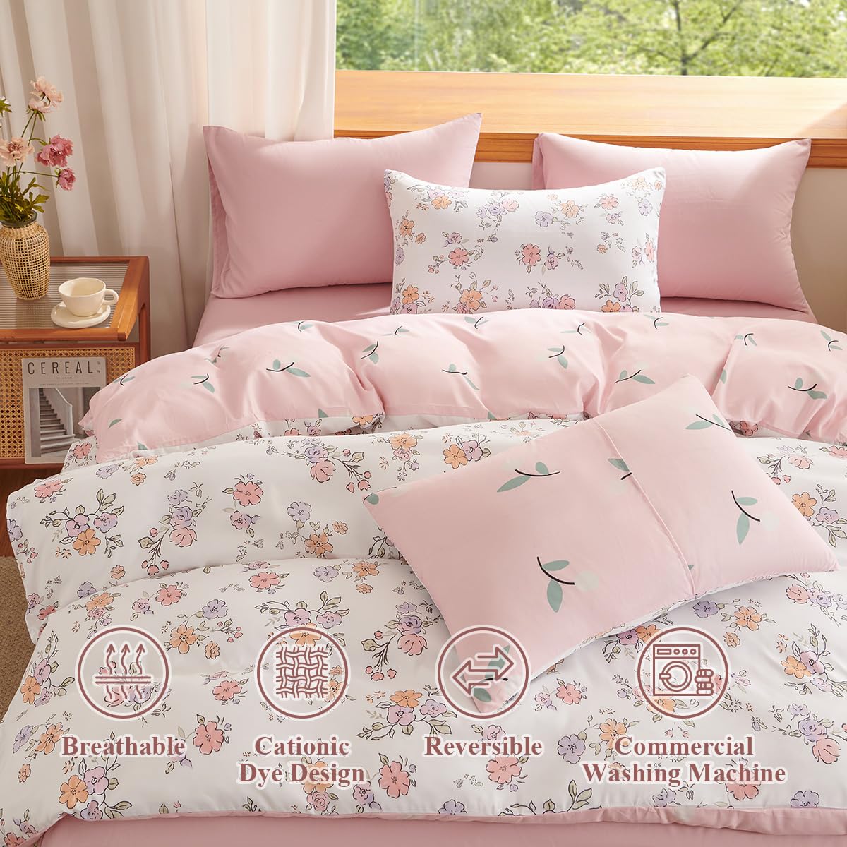 Erwinmu Floral Comforter Set King Size - 3 Pieces Pink White Floral Comforter Bedding Sets Reversible Pattern,King Bed in a Bag with Flowers Comforter and 2 Pillowcases