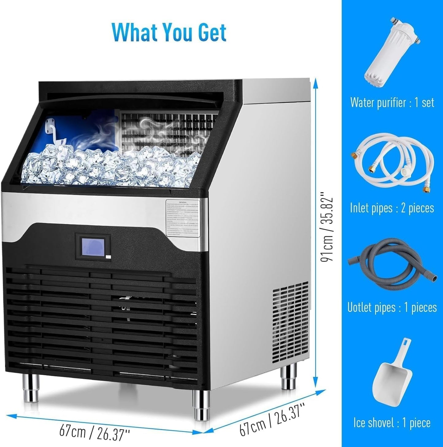 Commercial Ice Maker Machine, 260LBS/24h Stainless Steel Under Counter Ice Maker， 150LBS Freestanding Ice Machine for Restaurant, Home, Bars