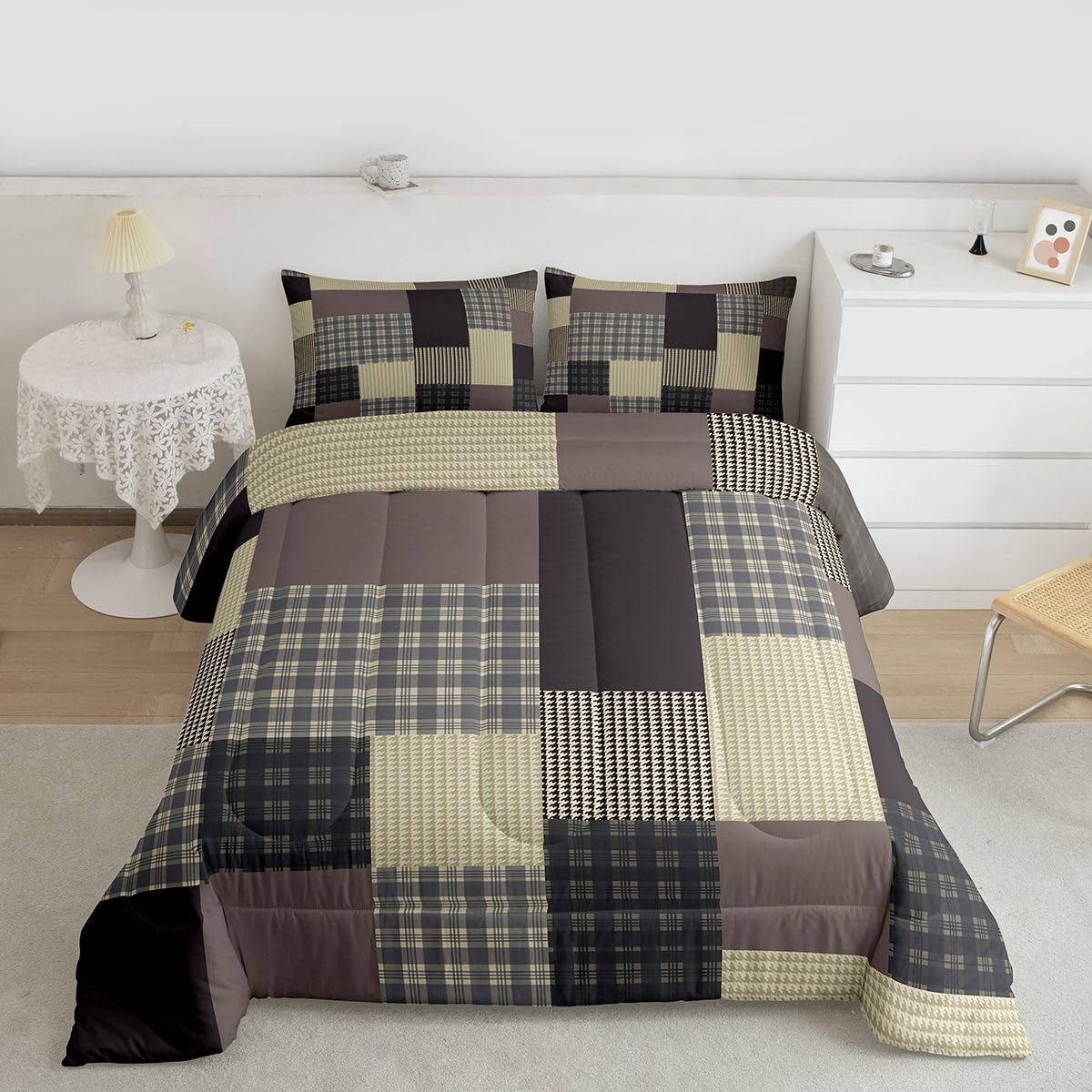 jejeloiu Plaid Comforter Set Queen Size Farmhouse Patchwork Bedding Set for Kids Boys Girls Rustic Lodge Cabin Duvet Quilt Check Checkered Bedroom Decor Microfiber 3 Pcs with 2 Pillow Cases