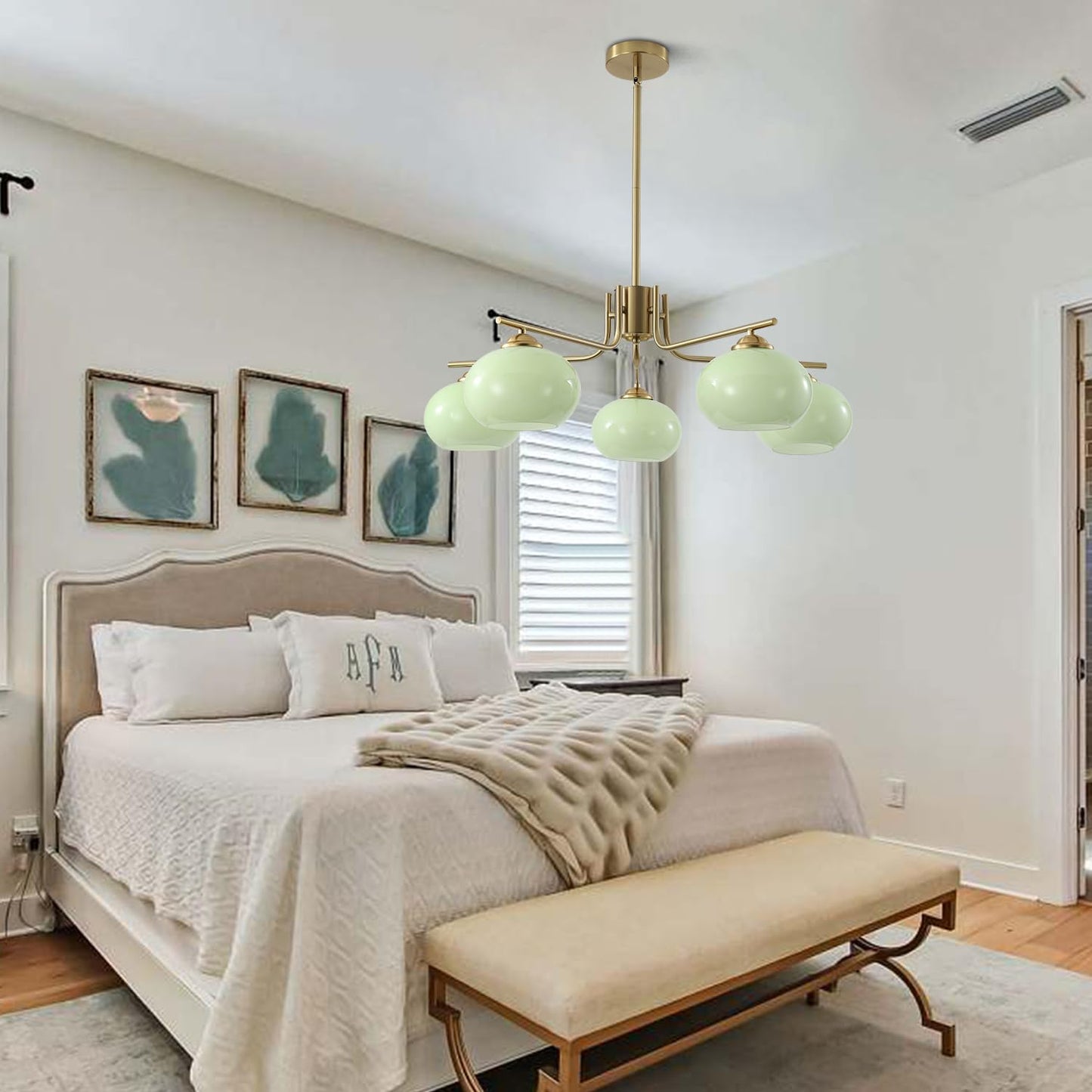 KCO Lighting Green Glass Pendant Light 5 Light Large Globe Chandelier Brushed Brass Sputnik Chandelier Mid Century Modern Chandelier Light Fixture for Dining Room Bedroom