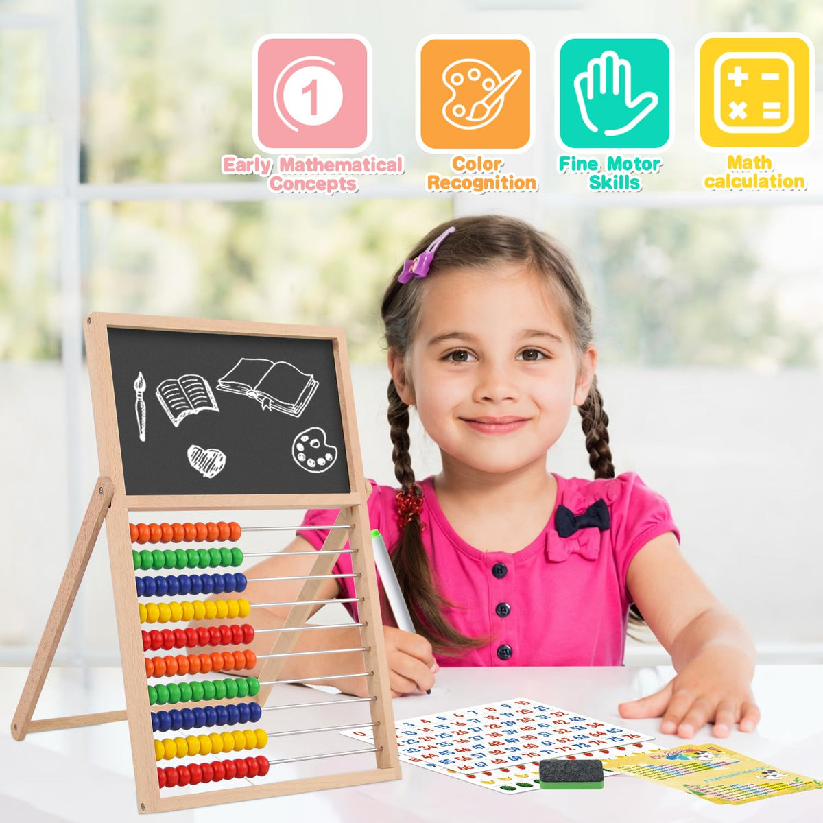 Wooden Abacus for Kids Math Games for Kids 3-5 4 5-7 6-8 Counters Toys with Double-Sided Whiteboard Blackboard and Magnetic Number Cards 1-100 Educational Counting Math Manipulatives 1st 2nd grade