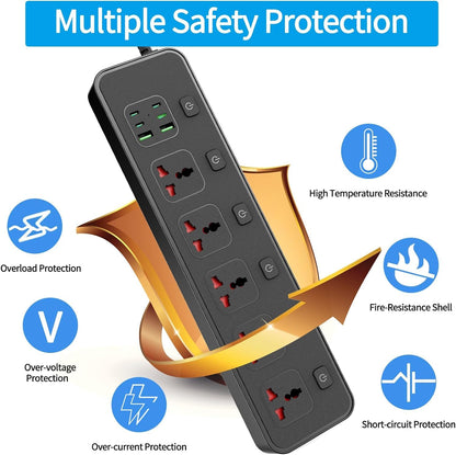 Flat Plug Power Strip with Individual Swtich, Jumpso 6ft Universal Extension Cord with 5 Outlets and 2 USB 4 USB C Ports, Max 3000w, 110-240v, Multiple Outlets Plug Adapter for Office Travel
