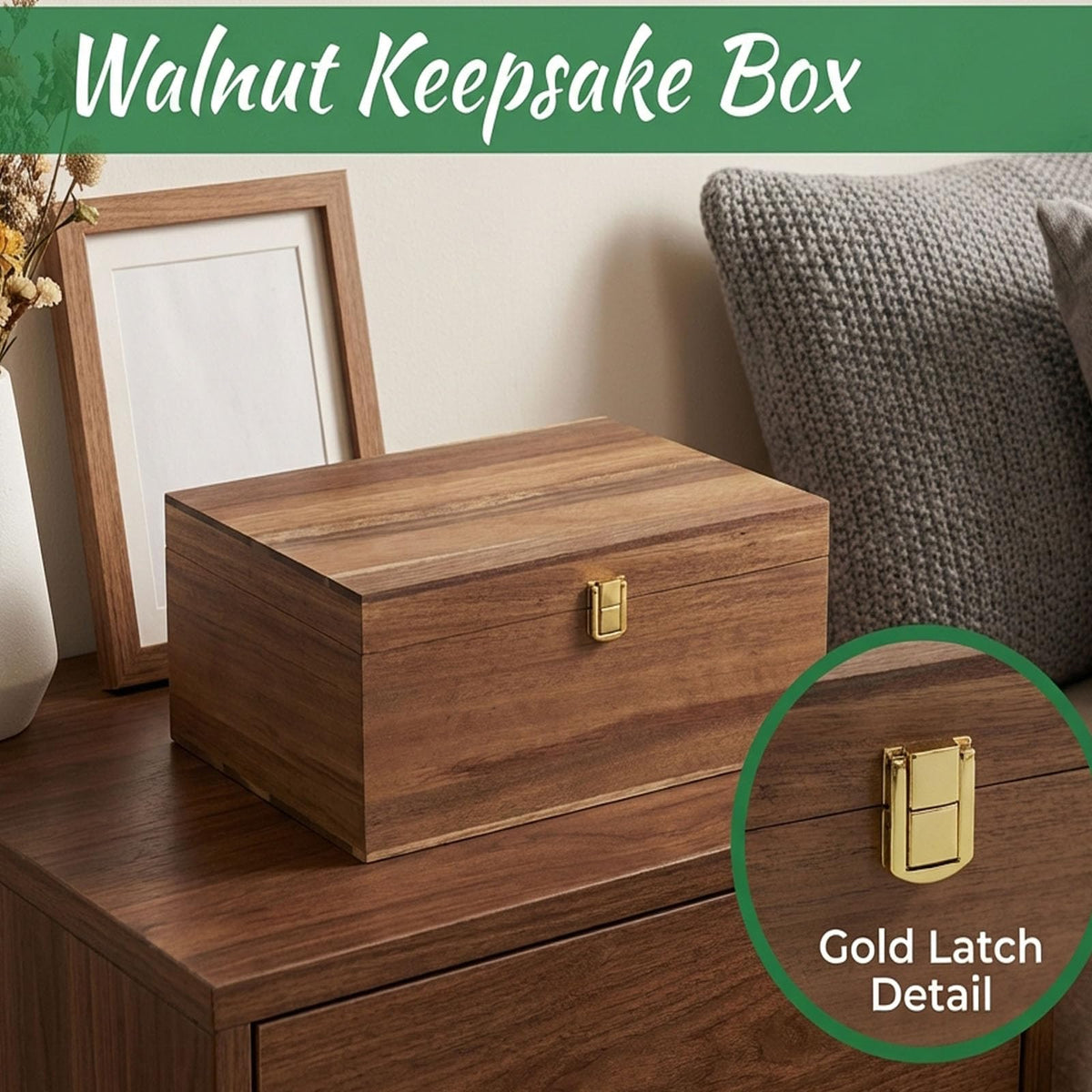 LuckyZoo77 Wooden Keepsake Box with Hinged Lid, Solid Acacia Wood Storage Box with Golden Latch, Large Memory Treasure Box for Photos, Jewelry, Letters & Gifts, 11.8” x 8.66” x 5.31”