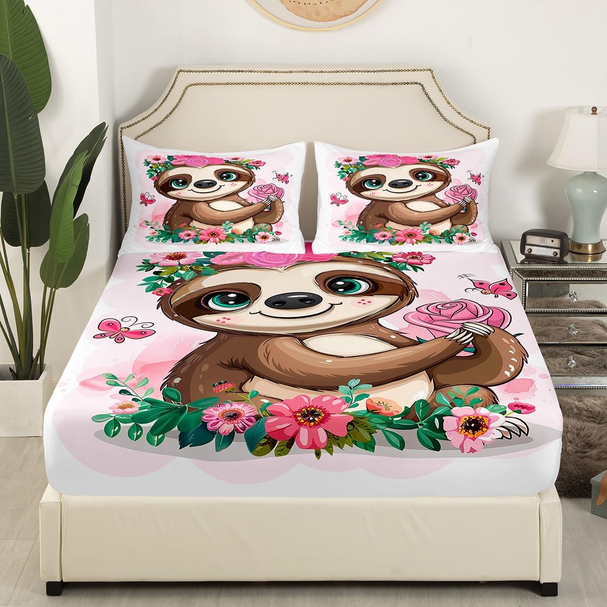 Feelyou Girls Sloth Bed Sheet Set for Kids Children Cute Animal Pattern Fitted Sheet Rose Floral Flowers Bedding Set Cartoon Sloth Butterfly Bed Cover Room Decor Twin Size