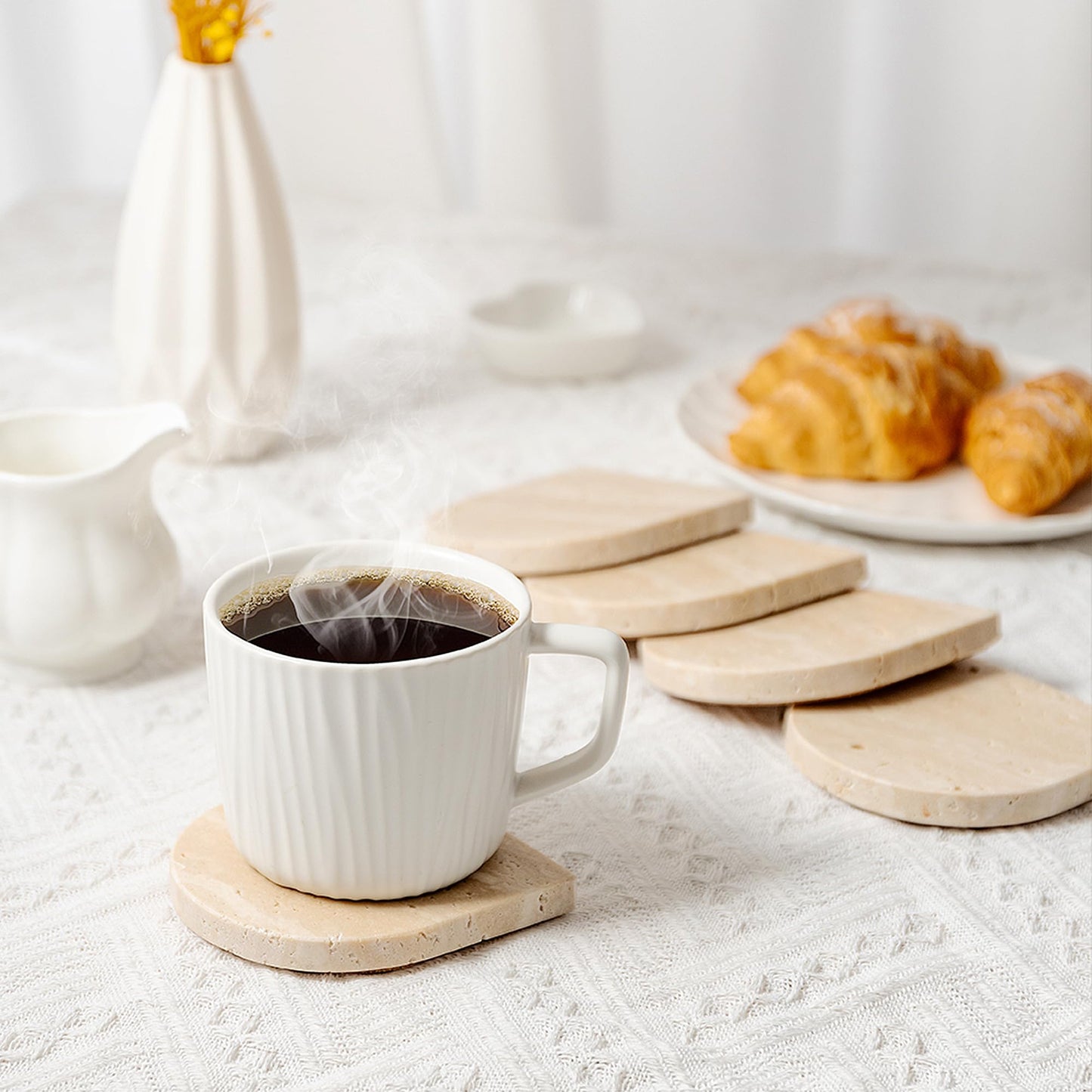 WORHE Marble Coaster for Drinks Set of 5 Natural Travertine Coasters for Home Decor Coffee Table, Modern Style Stone Cup Mat for Housewarming Party Hotel Bar Christmas Anniversary Present Beige(DL020)