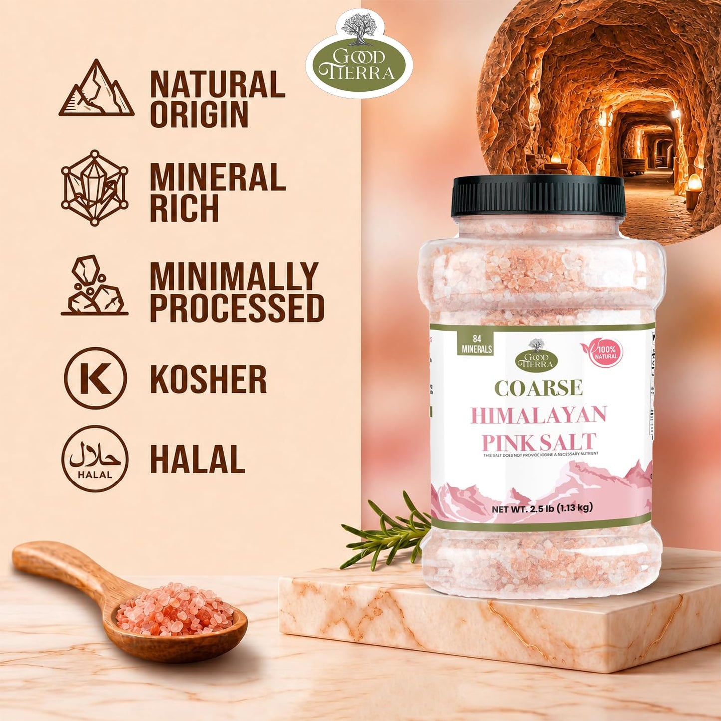 Good Tierra Himalayan Pink Salt in Jar - Coarse, 2.5 lb - Ideal for Bath Salt, Table Salt Grinders, and Spice Jars