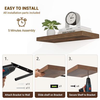 Acovy 24 Inch Floating Shelves, 3D Textured 24"x9.25"x1.5" Inch Deep Floating Shelves for Wall, Wooden Shelves for Bathroom, Bedroom, Living Room, Brown, 2 Pieces