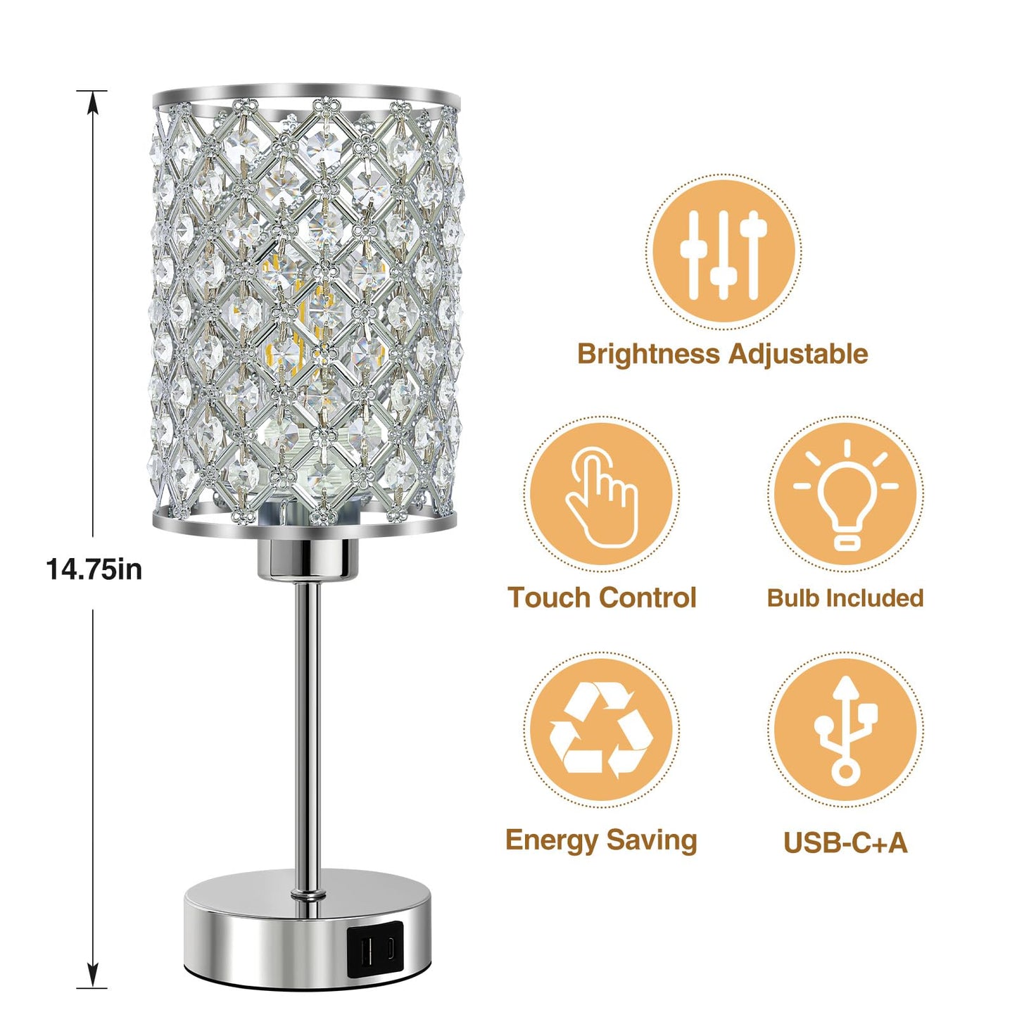 GyroVu Crystal Touch Table Lamp for Bedroom, Silver Desk Lamp with USB-C & USB-A Ports, Dimmable Modern Bedside Lamp for Nightstand, Living Room & Home Office - LED Bulb Included