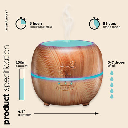 ArtNaturals Aromatherapy Essential Oil Diffuser –(5.0 Fl Oz / 150ml Tank) / Ultrasonic Cool Mist Aroma Humidifier - Adjustable Mist Mode, Auto Shut-Off Whisper Quiet and 7 Color LED Lights