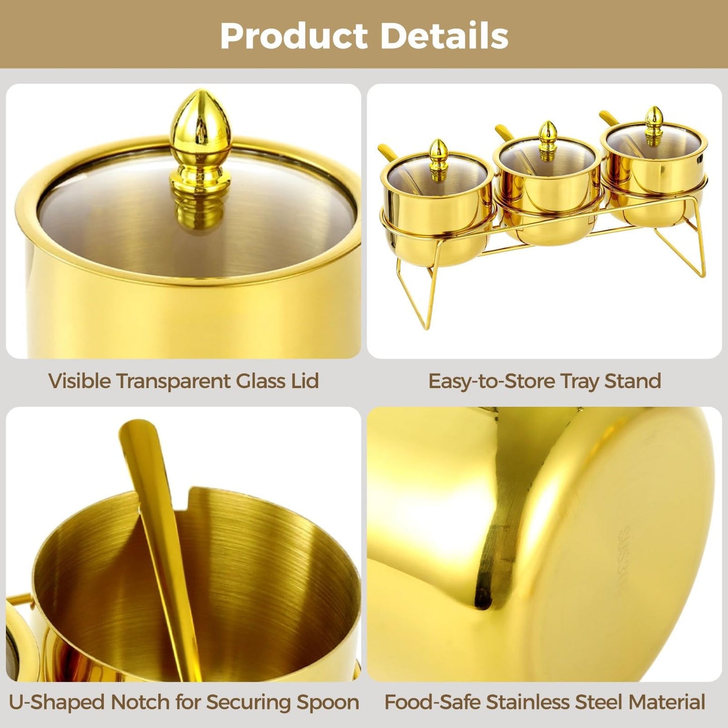 Gold Coffee and Sugar Dispenser, Gold Stainless Steel Spice Jars with Clear Glass Lids, Serving Seasoning Containers for Kitchen, Dining Room, Barbecue