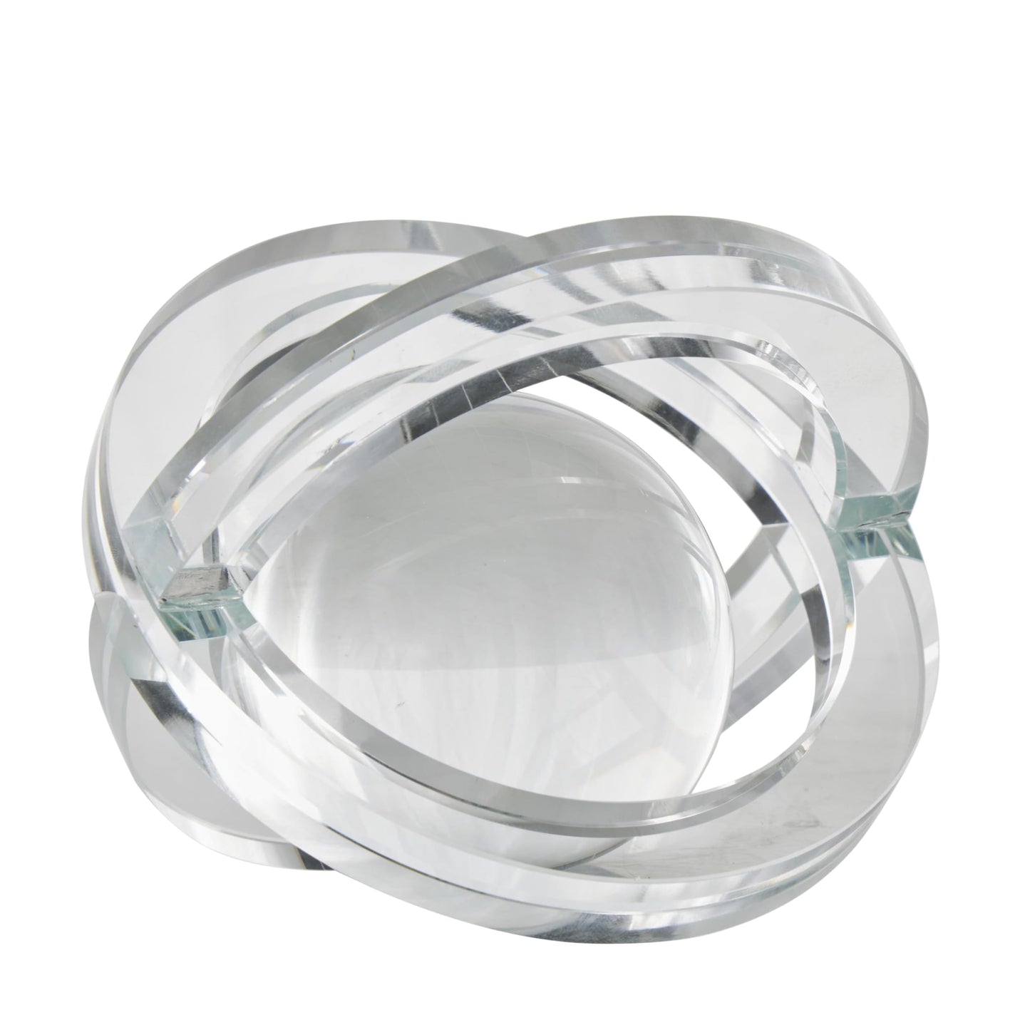 Deco 79 Glass Geometric Decorative Sculpture Orb Home Decor Statues with Overlapping Rings and Ball Center, Set of 3 Accent Figurines 4", 4", 3" H, Clear